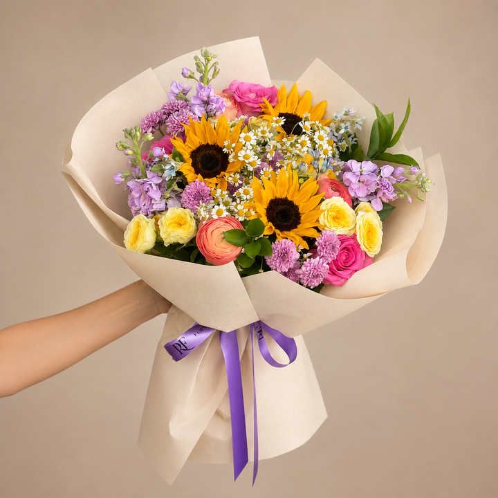 Bright, joyful, and full of color, our Dopamine Bouquet is designed to instantly lift the mood. Featuring cheerful sunflowers, delicate daisies, classic roses, and fragrant stock flowers, this vibrant arrangement brings together playful colors and beautiful textures.

Perfect for birthdays, celebrations, thank-you gifts, congratulations, or simply sending someone a little happiness. Handcrafted with fresh flowers by RF Flowers in Chicago.

Order the Dopamine Bouquet online for same-day flower delivery 