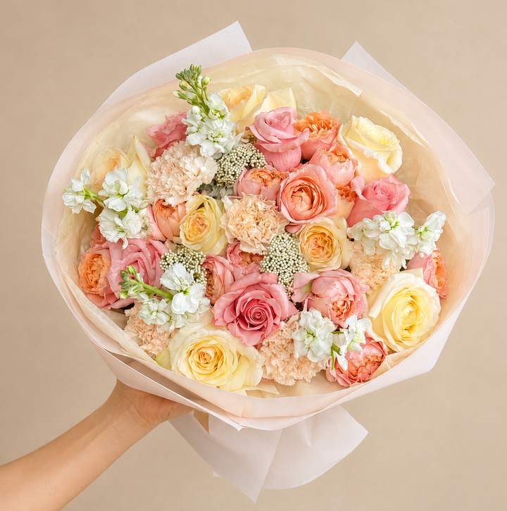 Soft, romantic, and effortlessly elegant, our Vanilla Blush Bouquet features creamy Candlelight roses paired with peach-toned garden spray roses for a warm, delicate look. The blend of vanilla, blush, and peach shades creates a timeless arrangement with a soft luxury feel.

Perfect for birthdays, anniversaries, romantic gestures, congratulations, or simply making someone’s day extra special. Each bouquet is handcrafted by RF Flowers using fresh, premium blooms.

Order the Vanilla Blush Bouquet online for fl