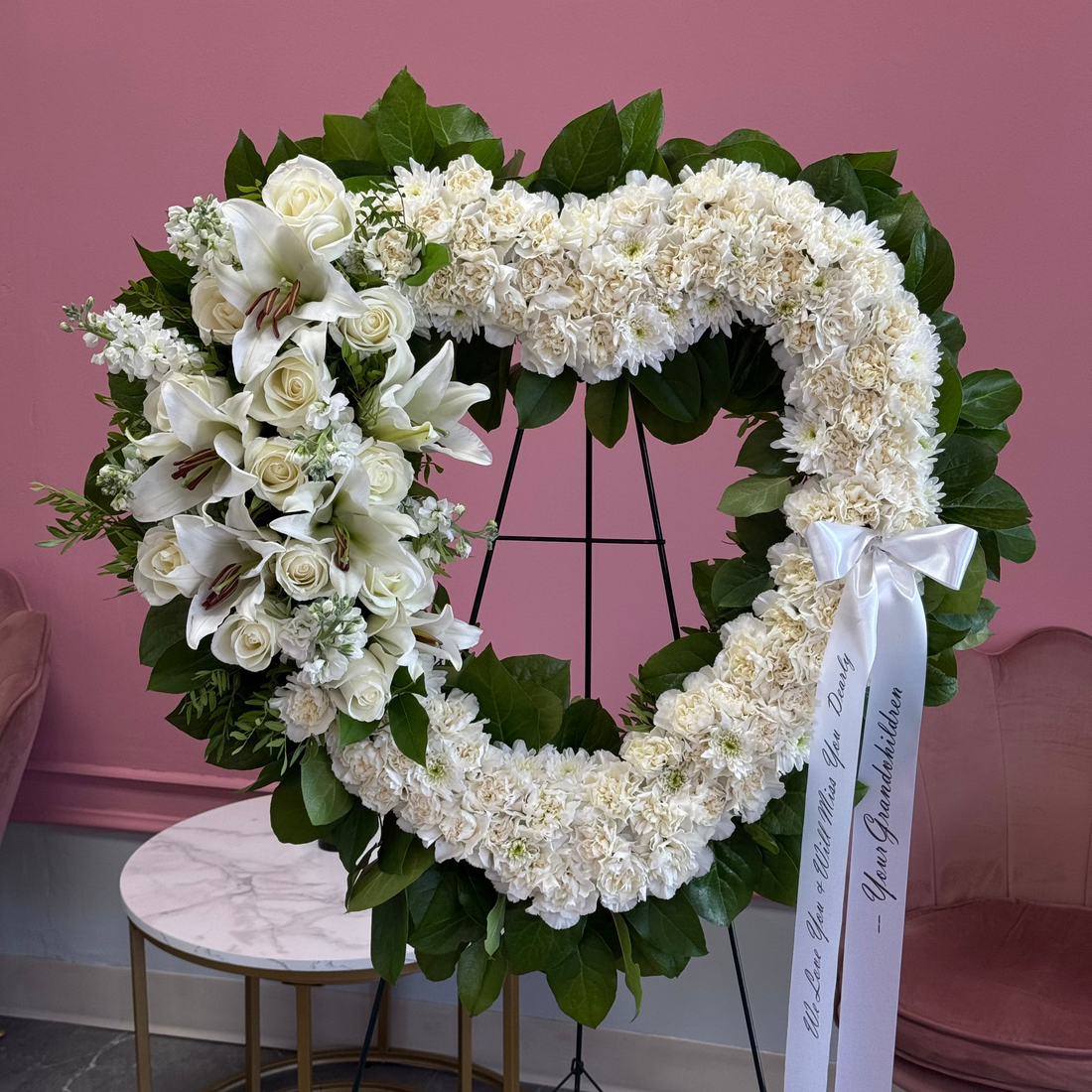 Will Miss You - Carnations Heart Funeral Wreath