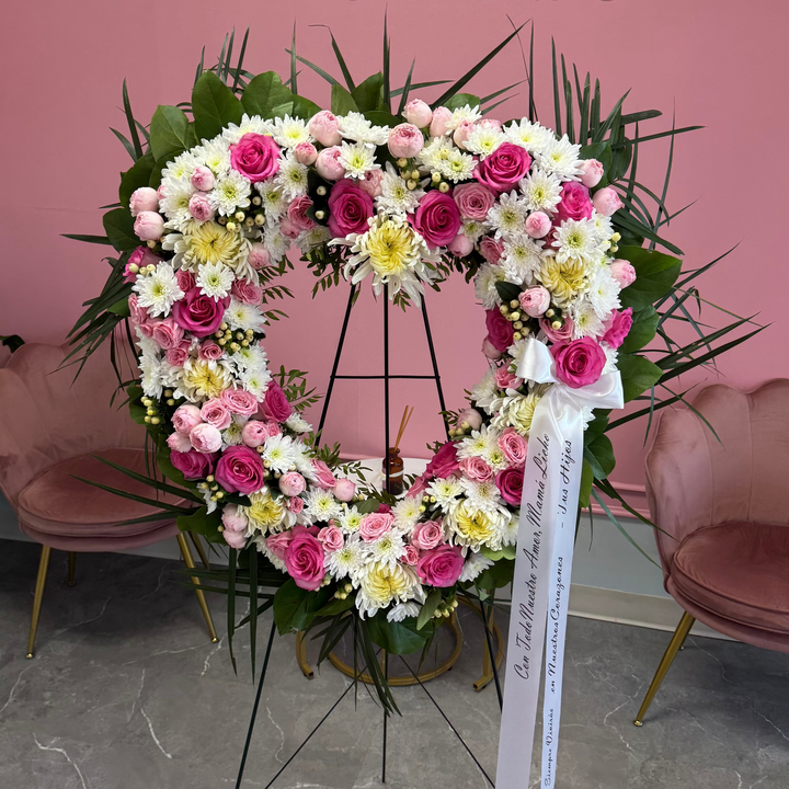 Pink Flowers Heart Shaped Funeral Wreath