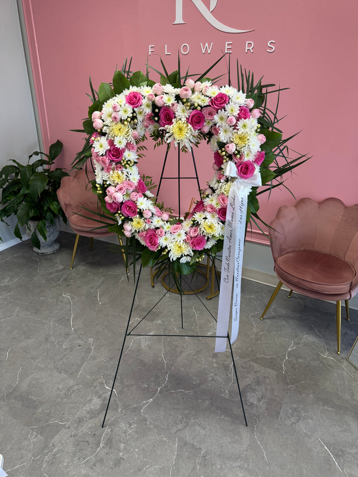 Pink Flowers Heart Shaped Funeral Wreath